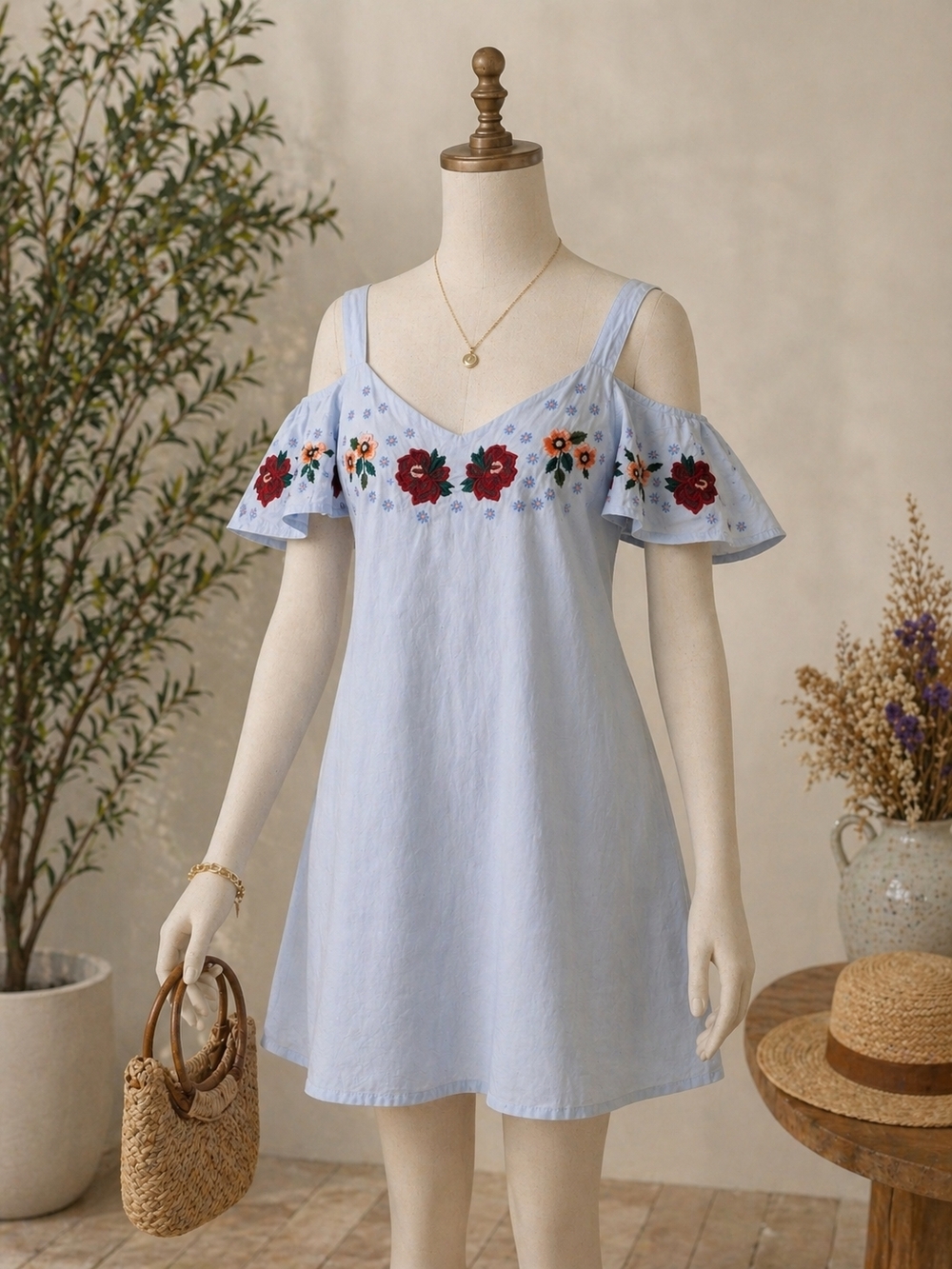 miami Light Blue Cold-Shoulder Mini Dress with Red Floral Embroidery